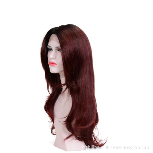 Wholesale wine red fluffy synthetic wigs lace frontal wig natural wave and kinky curly for the woman Top quality lace front wig